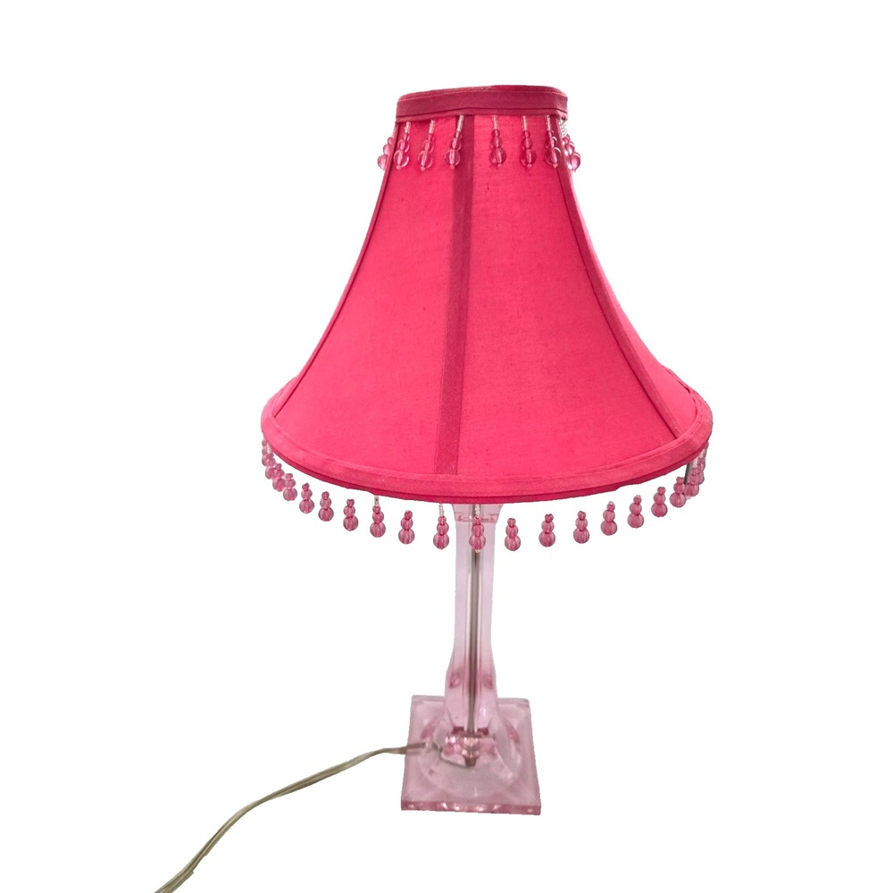 VINTAGE Pink Lucite Table Lamp has Pink Shade with Beads 20" TALL